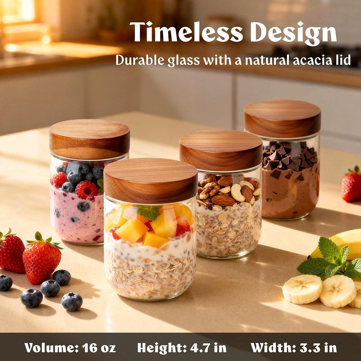 Overnight Oats Containers with Lids Acacia (4 x 16oz) Glass Jars for Oatmeal, Meal Prep, Food Storage| Leak-Proof Mason Jars for Oats, Cereal