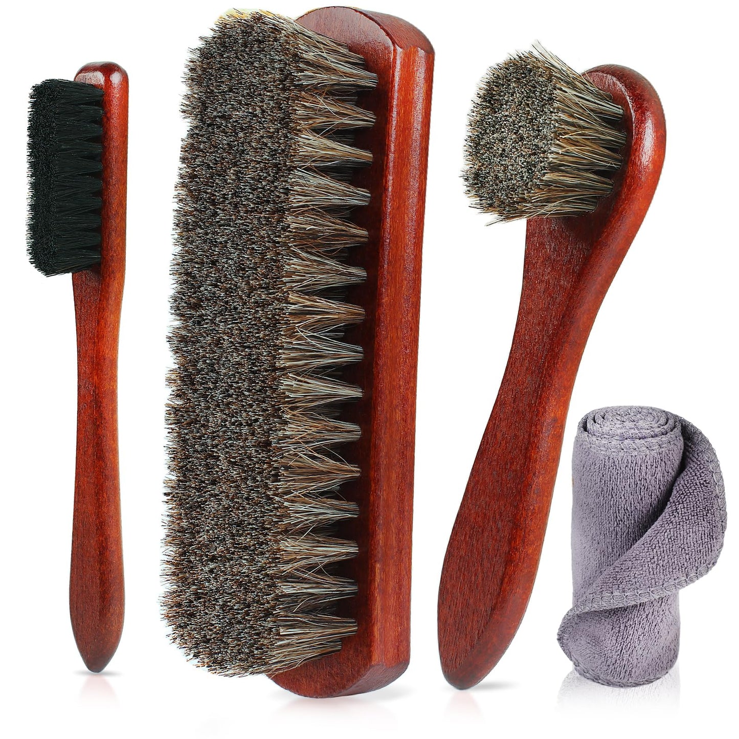 Rolett 4-Piece Horsehair Shoe Brush Shine Kit - Horse Hair Brush for Leather, Premium Shoe Polish brush, Leather Shoe Boot Brushes for Cleaning and Polishing