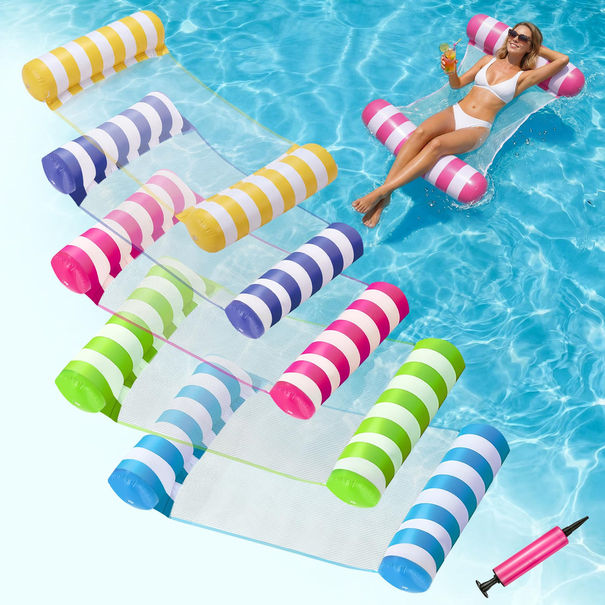 5 Pack Inflatable Pool Floats, OKSUWATER 4-in-1 Water Hammock, Pool Floats Adult Size for Swimming Pool Party Summer Lake Water Fun (5 Pack-Multicolor)