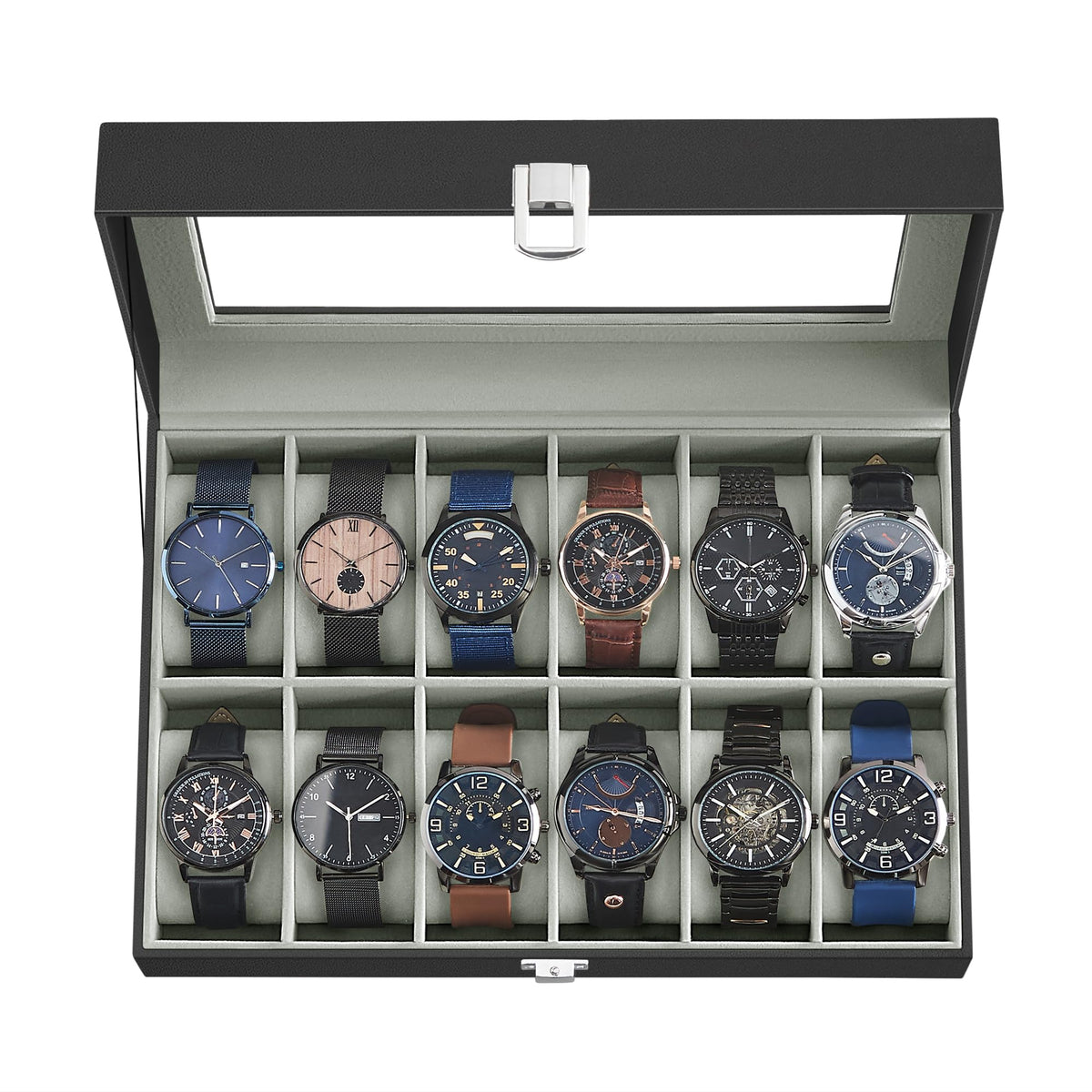 SONGMICS Watch Box, 12-Slot Watch Case Organizer with Large Glass Lid, Removable Pillows, Gift for Loved Ones, Black Synthetic Leather, Gray Lining UJWB12BK