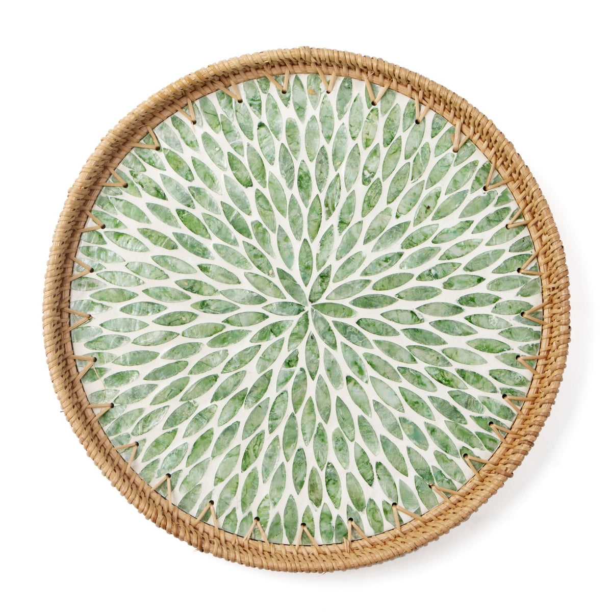Round Rattan Tray with Mother of Pearl Inlay, Decorative Wicker Serving Tray with Wooden Base, Woven Basket Trays for Bread Fruits Coffee, Leaf