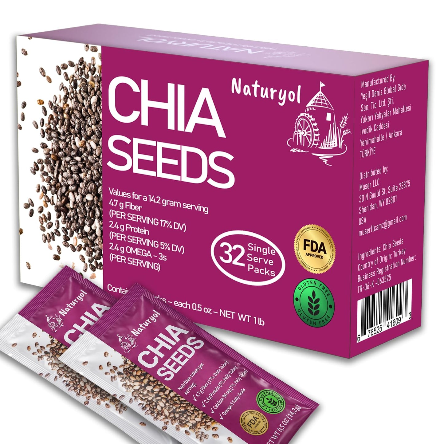 Naturyol Chia Seeds – Fiber-Rich Food for Salad Mixes, Gluten Free, Keto Friendly, Chia Seeds Travel Packets, Salad Toppings & Keto Food, Rich in Omega-3, Non-GMO, 1 lb (0.5 oz Pack of 32)