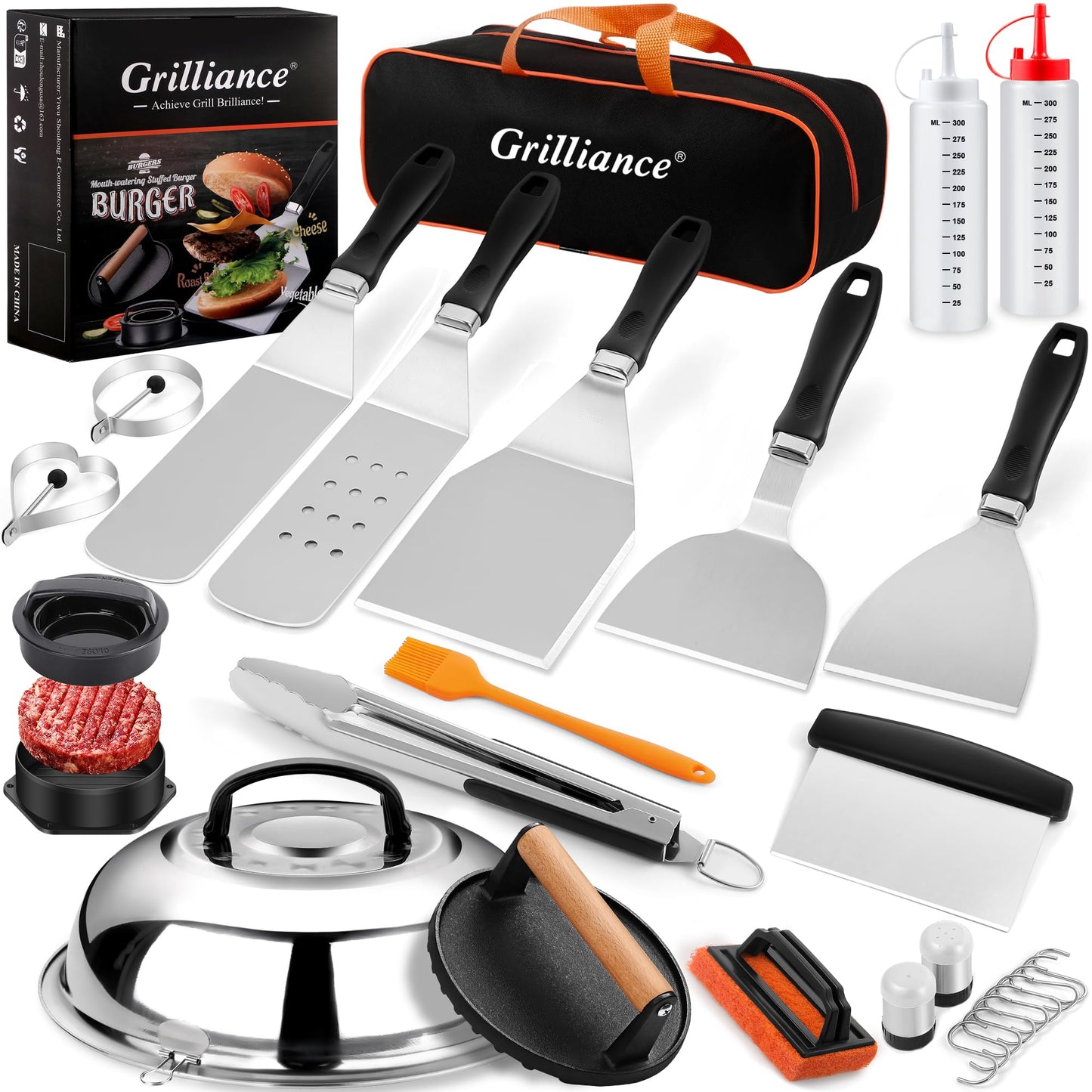 27pcs Griddle Accessories Kit for Blackstone, Professional Hibachi Flat Top Grill Tools, Enlarged Spatula Gift Set with Basting Cover,Burger Press Patty Maker for Outdoor BBQ Teppanyaki