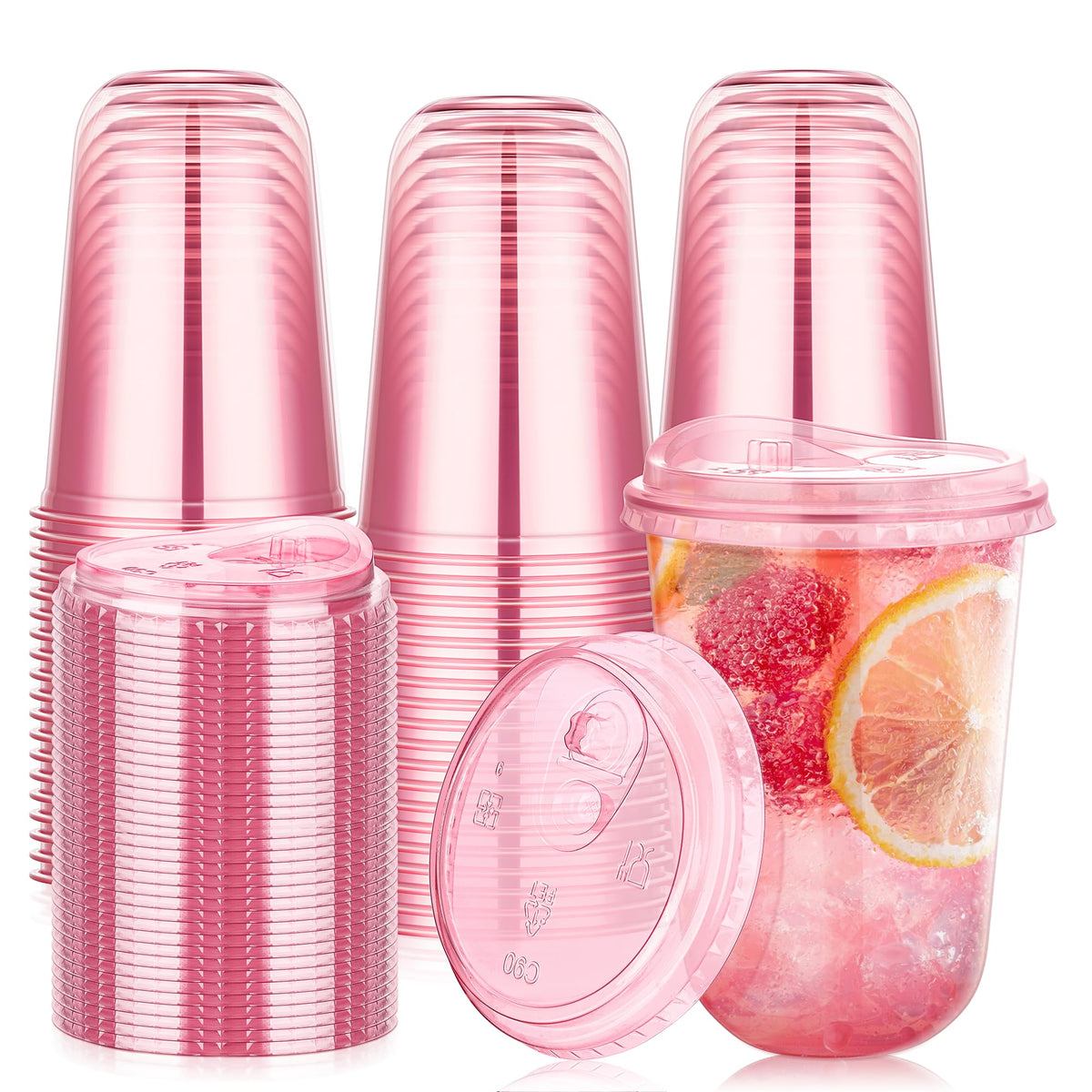 KesaPlan 50 Pack 16 oz Pink Plastic Party Cups with Sip Lids, Disposable Iced Coffee Cup with Lid, Round Bottom Stemless Glasses Drinking Cups for Valentine's Galentine's Bachelorette Party Holiday