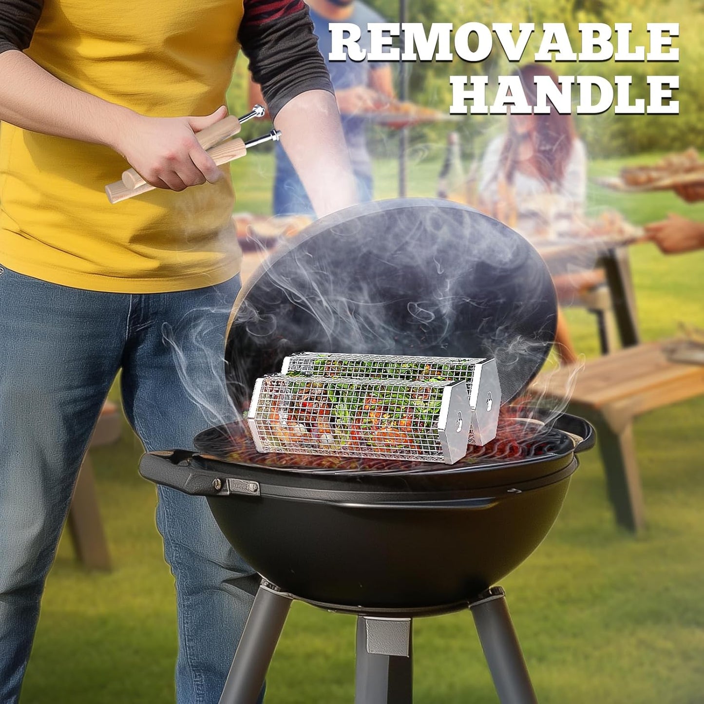 Rolling Grill Basket, Removable Wooden Handle, 304 Stainless Steel, Nesting Grilling Tools, Smoker BBQ Accessories for Vegetable, Outdoor Cooking Camping, Birthday Gifts for Men Dad Husband