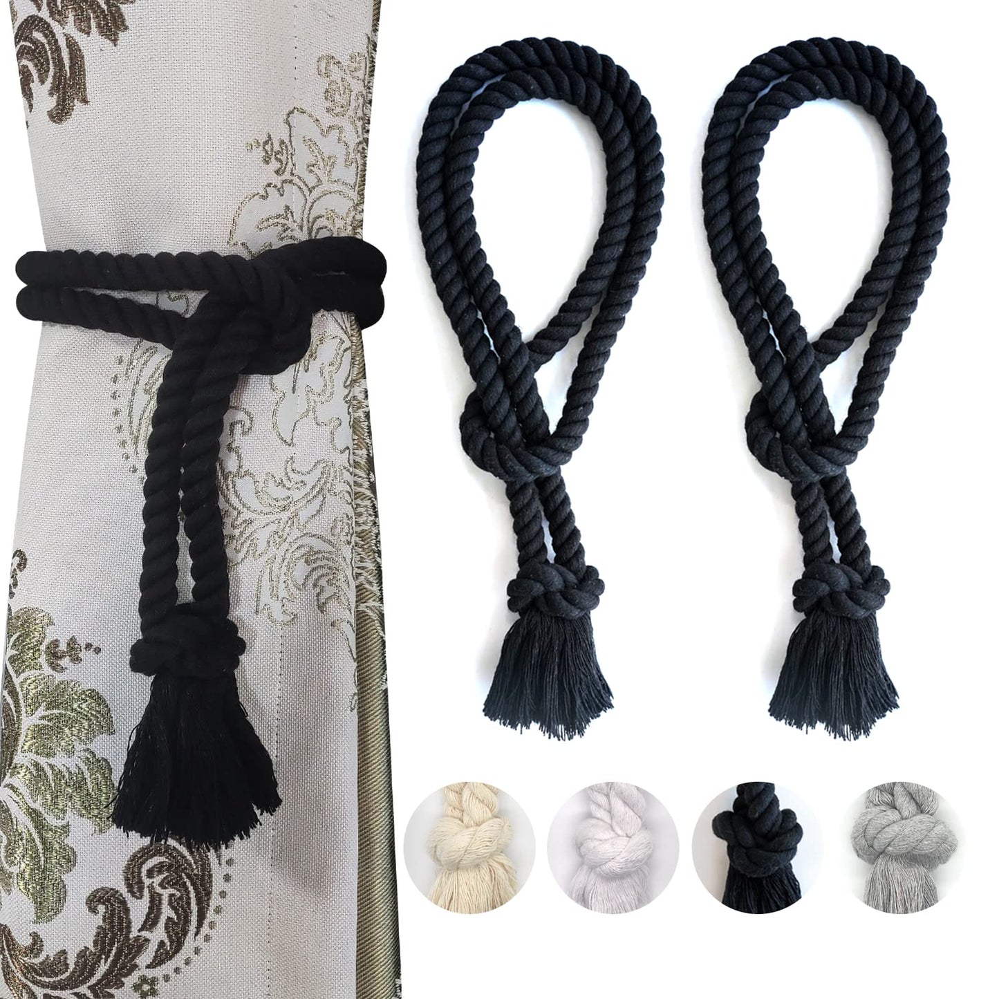 2 Pack Curtain tiebacks Rope, Outdoor Curtain Tiebacks, Natural Cotton Curtain Ties, Village Rural Rustic Farmhouse Curtain Holdbacks Curtain tie Backs Holders for Heavy Duty Drapes, Black