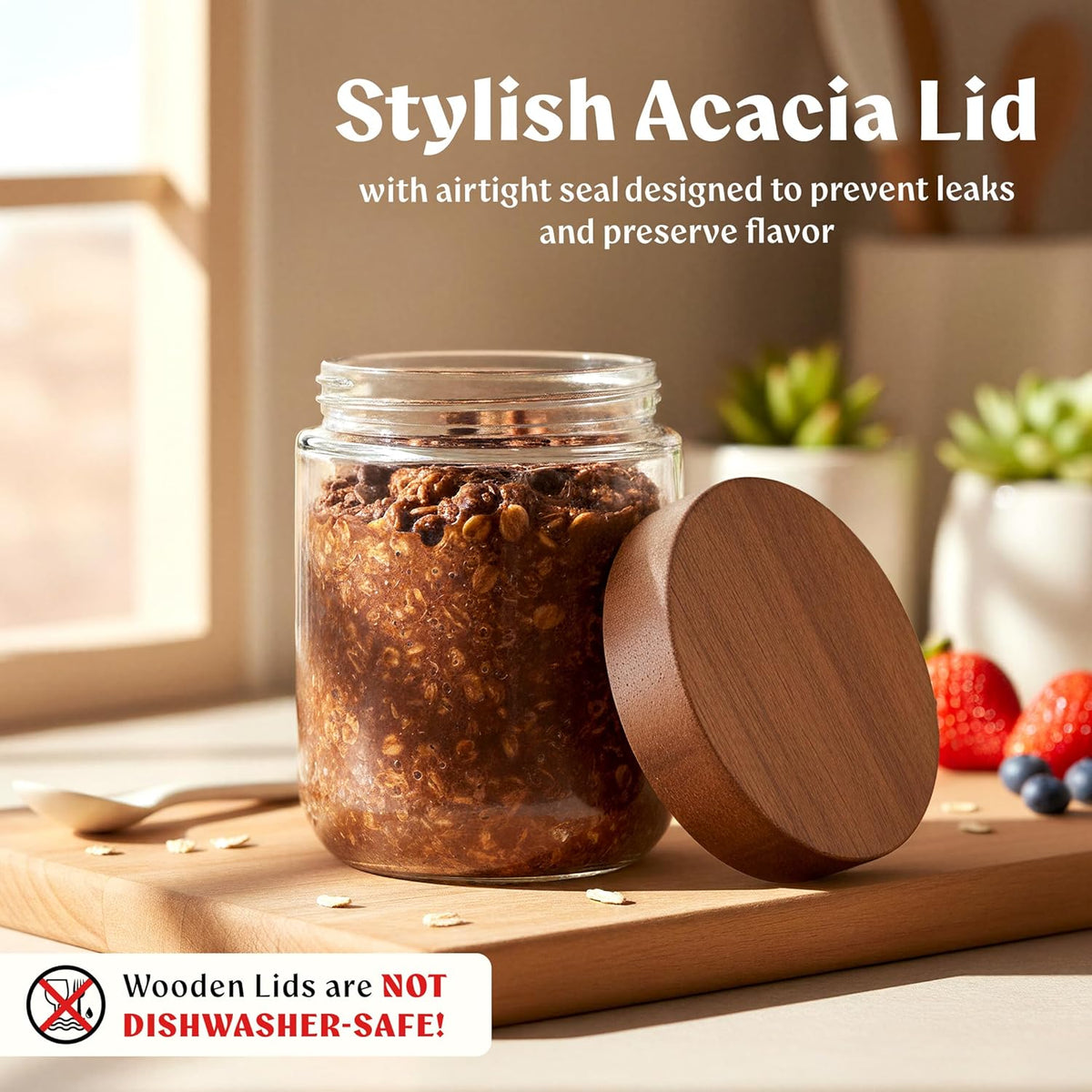 Overnight Oats Containers with Lids Acacia (4 x 16oz) Glass Jars for Oatmeal, Meal Prep, Food Storage| Leak-Proof Mason Jars for Oats, Cereal