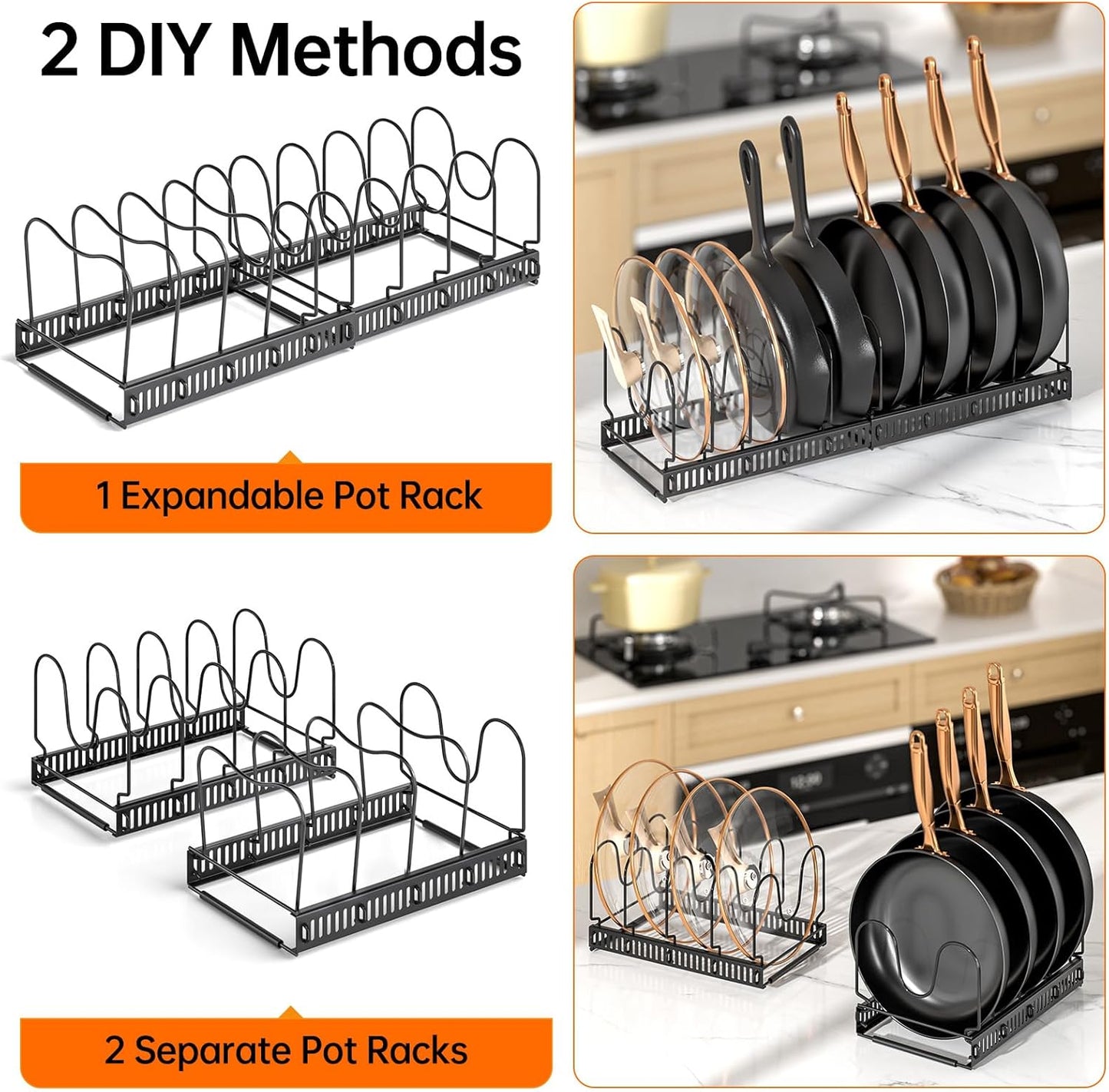 MUDEELA Pots and Pans Organizer Rack for under Cabinet, Expandable 11.81''-22.85'' Pot Lid Kitchen Cabinet Organizer Holder with 10 Adjustable Compartment Cutting Board Organizer for Pan Lid, Bakeware