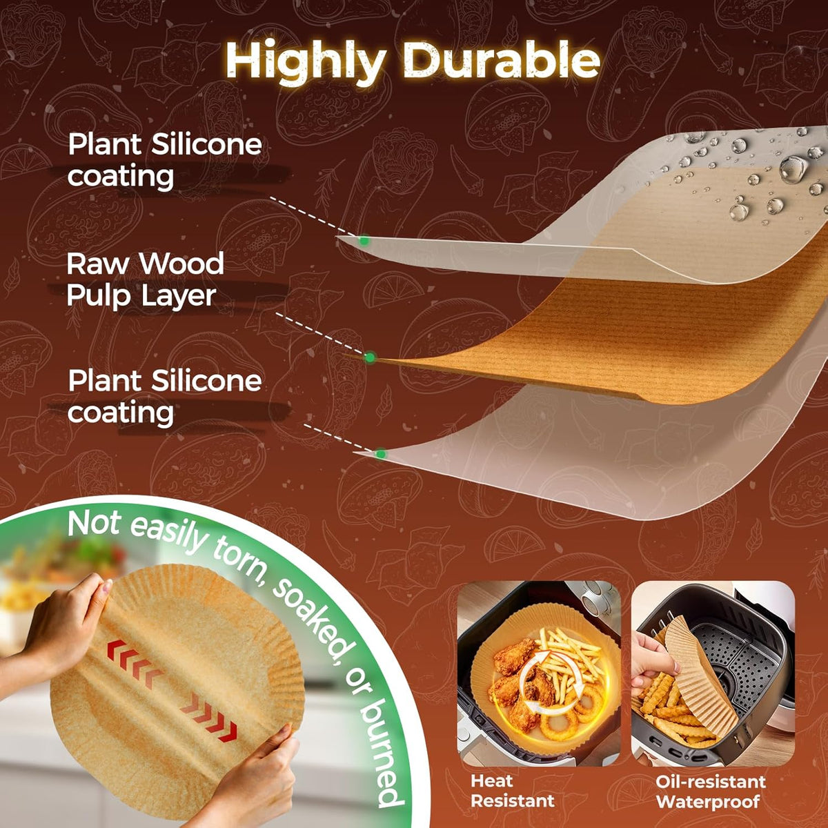 Air Fryer Liners Disposable, 150Pcs 8" Square Food Grade Material Unbleached Parchment Paper Liners Non-Stick & Waterproof Oilproof