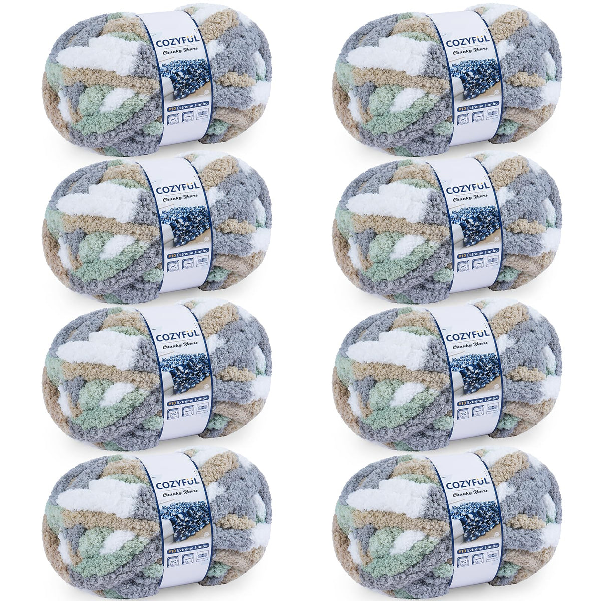 Cozyful Chunky Yarn for Hand Knitting - #10 Chunky Chenille Blanket Yarn, Jumbo Big Thick Chunky Yarns for Crocheting, Tie Dye Bulky Knit Yarns, 8 Skein (20 yds 8 oz Each Skein), Cream&Sage&Grey&Khaki