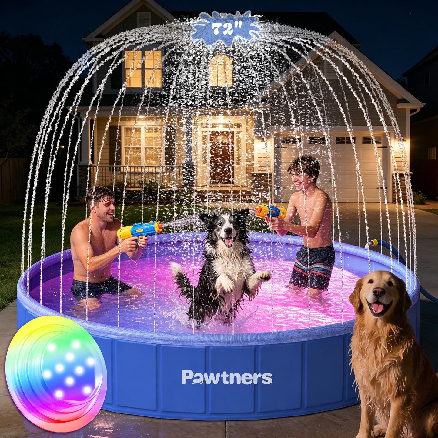 Pawtners Foldable Dog Pool with Sprinkler & RGB LED Light, 72" Collapsible Hard Plastic Swimming Pool for Small Large Dogs Cats and Kids, Portable Pet Bathing Tub Wading Pool for Backyard Camping Blue