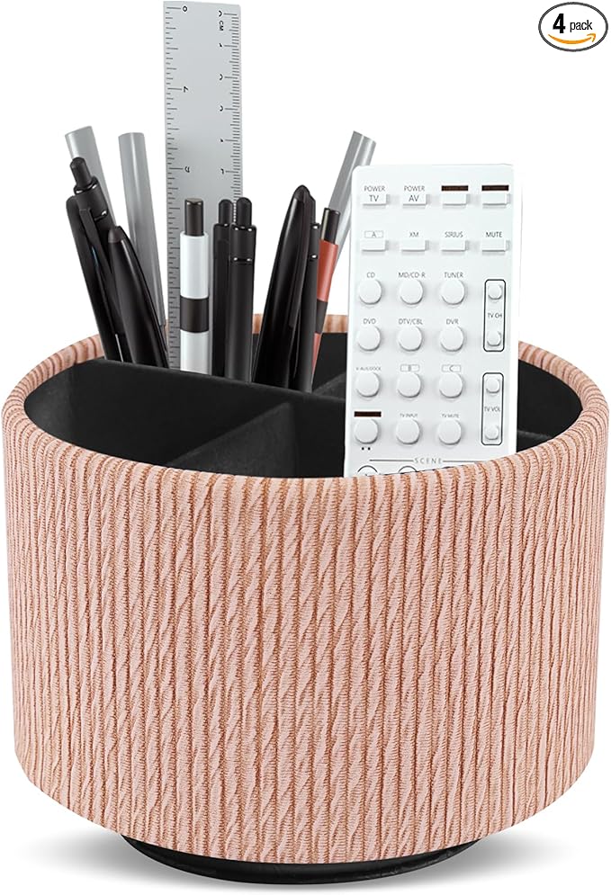 Hennaja Round Leather Art Supply Organizer,Remote Control Holder,360 Degree Spinning,Multi-Functional Pencil Holder,4 Compartments Desktop Stationary Organizer(1-Wood Apricot)
