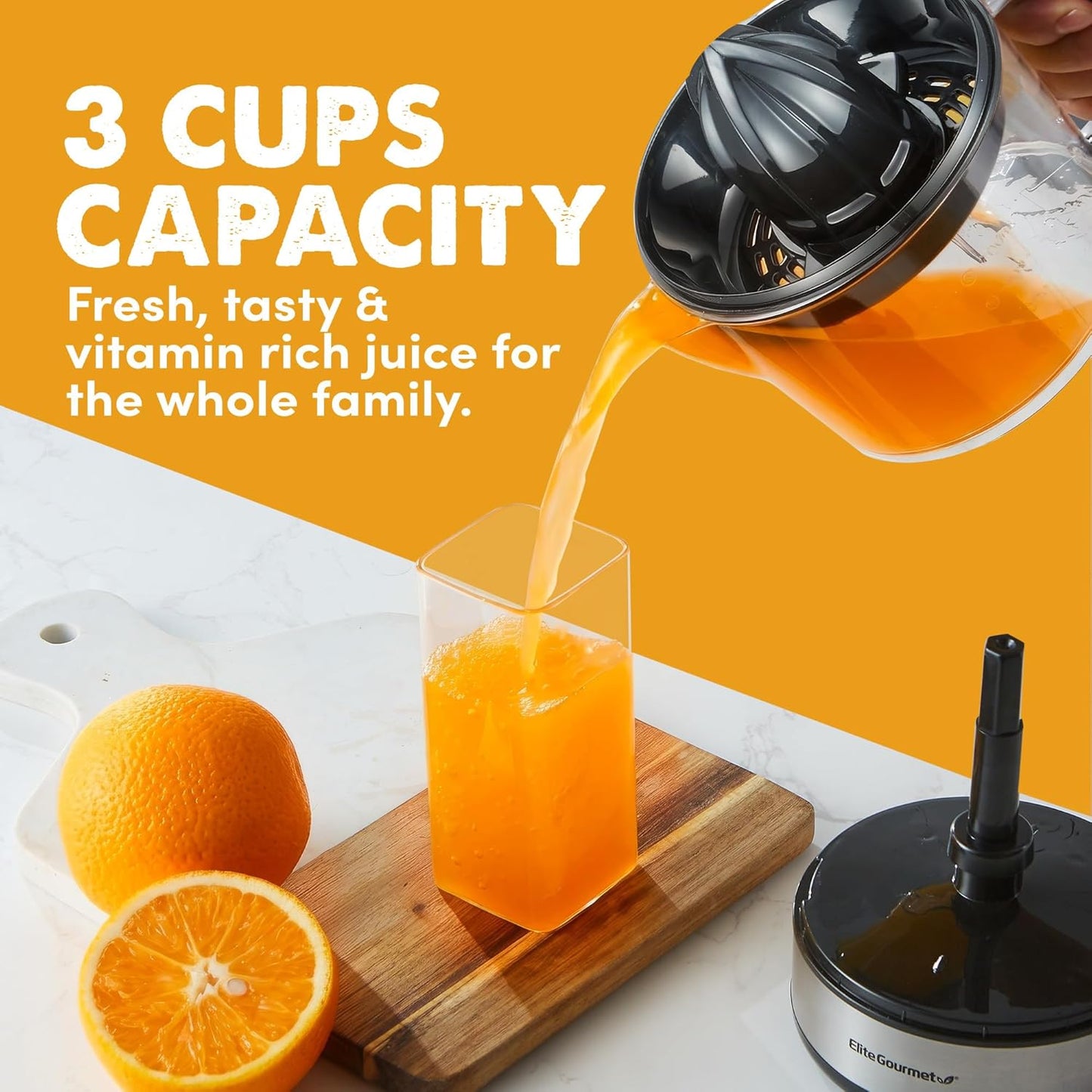 Elite Gourmet ETS623 BPA-Free 40-Watt Electric Citrus Juicer, Compact, Large Volume, Pulp Control, Oranges, Lemons, Limes, Grapefruits with Easy Pour Spout, 24oz, Black/Stainless Steel