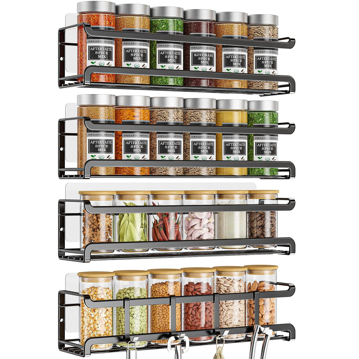 Bunoxea Spice Rack Wall Mounted 4 Pack, For Spice Jars & Seasonings, Black