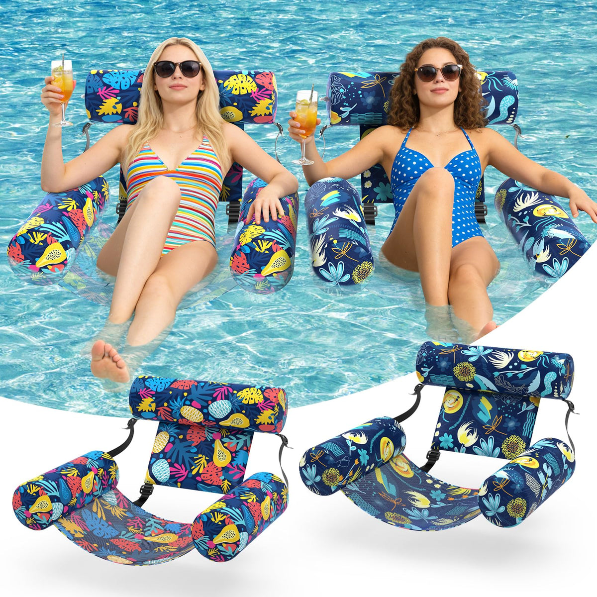 Sunikko X Pool Floats Adult 2 Packs Fabric Heavy Duty Inflatable Pool Chair Hammock, Blow Up Floaties for Adults, Hawaii Flower Floats for Pool Floating, Party Summer Toys Water Beach Lake Fun