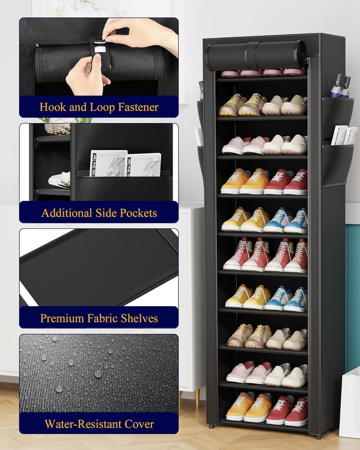 Kitsure Shoe Rack - 10-Tier Large Capacity Shoe Organizer Shelf with Dust Cover & Side Pockets, Rust-Proof Metal Shoe Rack for Closet, Entrance, Living Room, 17.5" x 12.4" x 69.3", Black