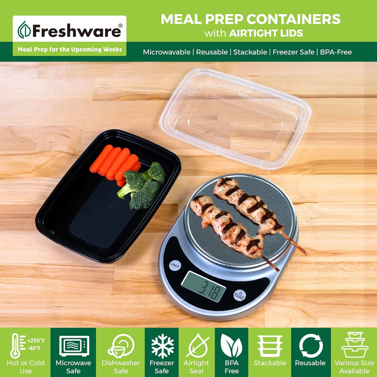 Freshware Meal Prep Containers 50 Pack 1 Compartment Food Storage Containers with Lids, Bento Box, BPA Free, Stackable