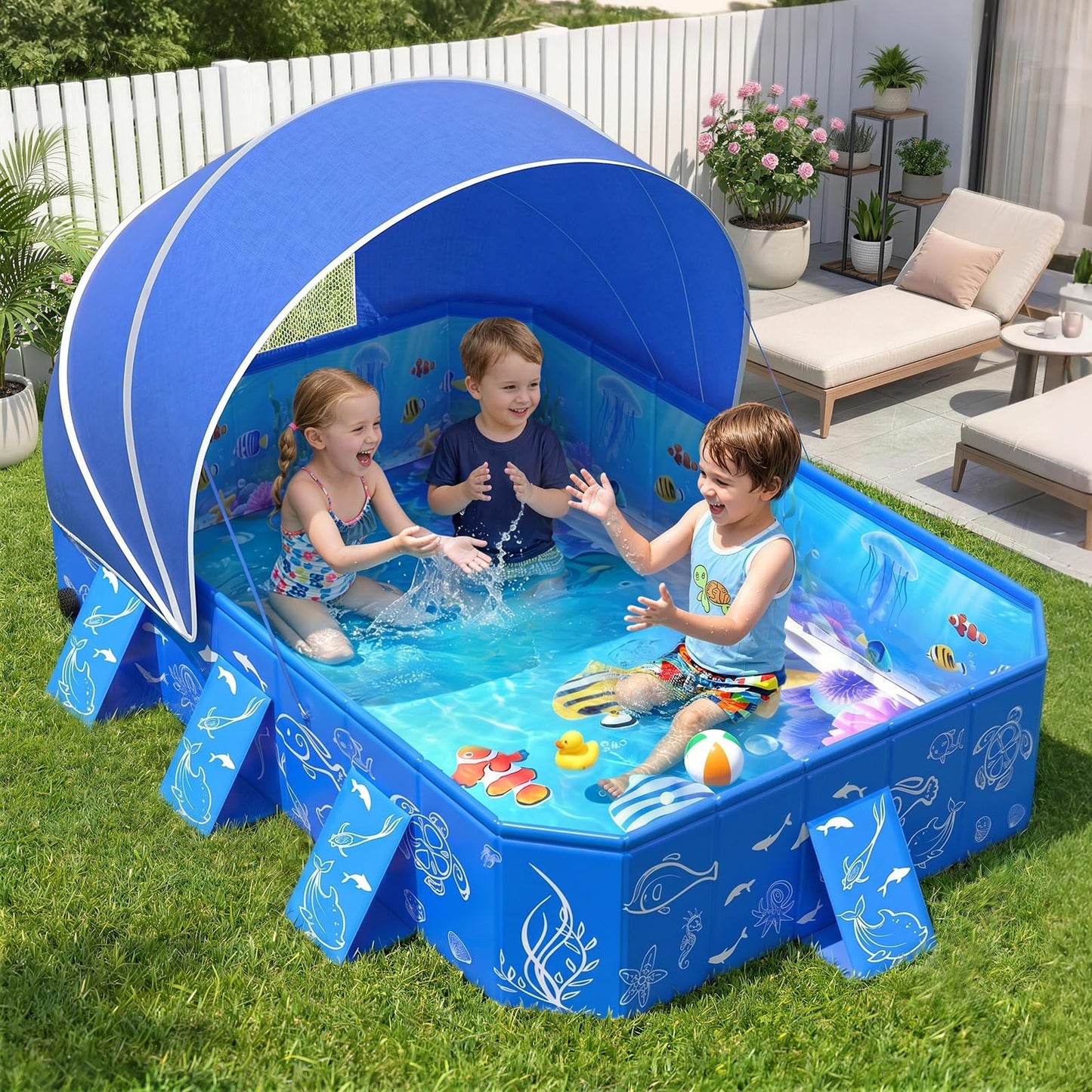FizZeal Kiddie Pool with Canopy,Baby Swimming Pool for Toddler,Non-Inflatable Portable Pool for Kid,Foldable Toddler Pool with Shade,Kids Pool for Backyard.Outdoor Pop Up Kiddie Beach Pool 53"x40"x33'