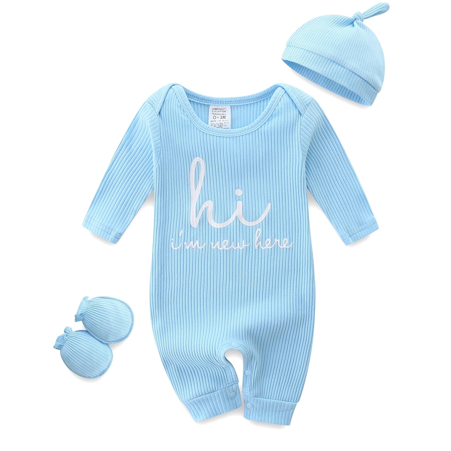 Baby Romper with Baby Mittens & Newborn Hats Footless Long Sleeve Solid Onesie Hi Im New Here