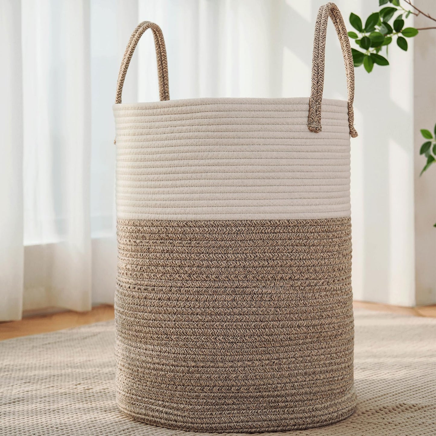 Large Woven Laundry Basket Hamper,60L Cotton Rope Storage Bin for Blankets,Toys and Clothes,Decorative Tall Nursery Hamper for Living Room,Baby Nursery,Bathroom and Bedroom,Brown