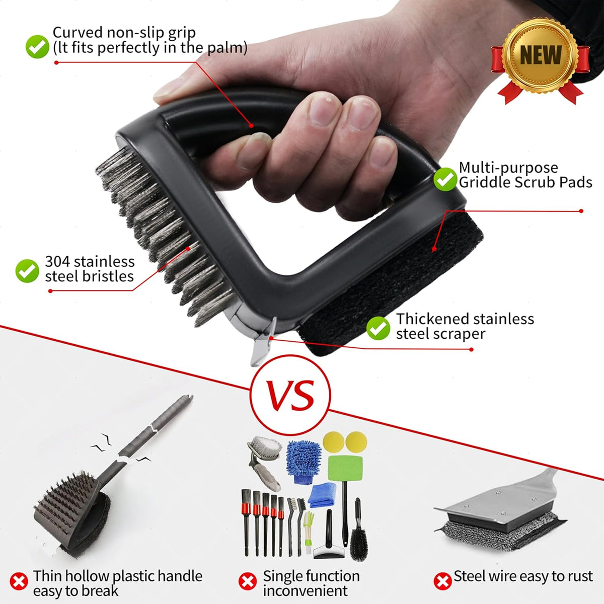 RELHP 4-in-1 Grill Brush Bristle-Free Sponge Pad & Wire Combined BBQ Brush, Ultra Safe & Heavy-Duty Grill Cleaner