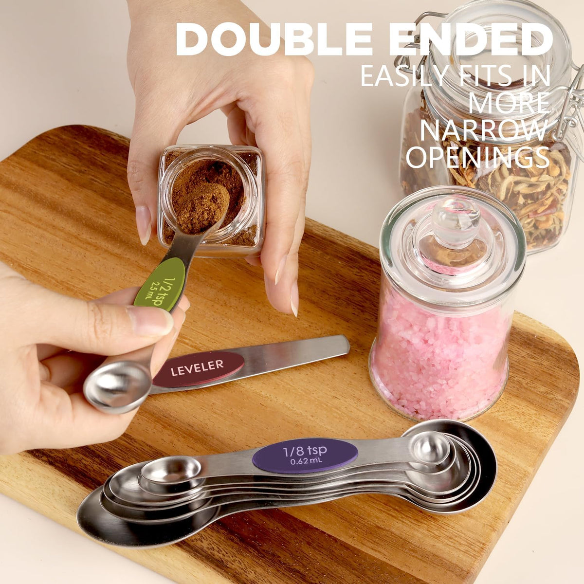 ChefAide Pack of 8 Stainless Steel Magnetic Measuring Spoons Set, Dual Sided, Stackable, Adjustable Teaspoon and Tablespoon Measure Spoon with Leveler, Kitchen Gadgets
