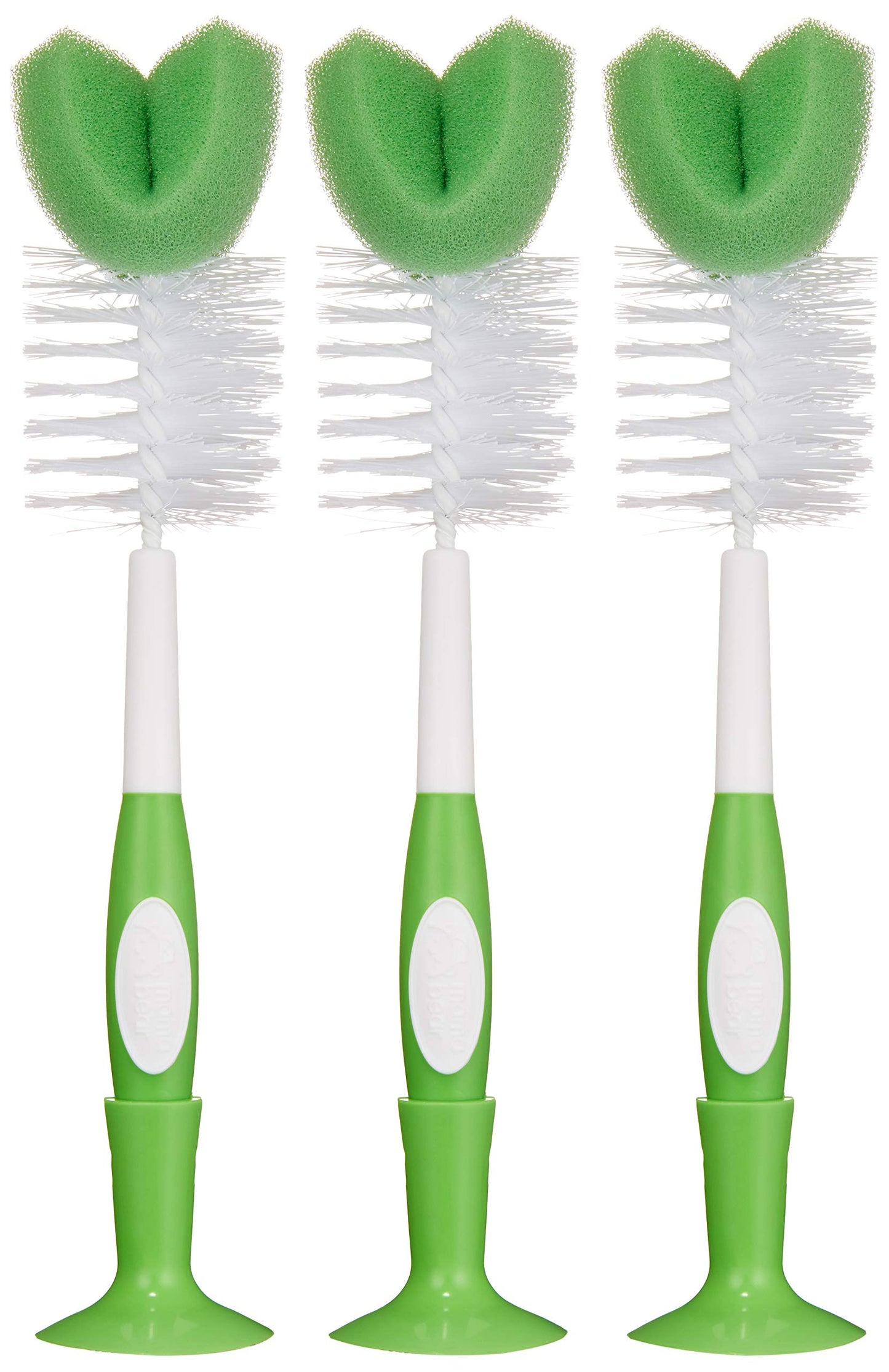 Brand - Mama Bear Baby Bottle Brush with Nipple Cleaner and Suction Cup Stand, White (Pack of 3)