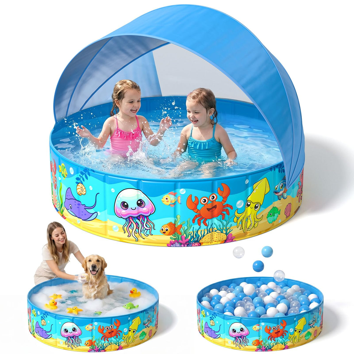 Foldable Kiddie Pool with Canopy 47IN Toddler Baby Pool with Detachable UPF 50+ Shade, Carry Bag Hard Plastic Foldable Swimming Pool Portable Summer Water Play Pool for Outdoor Backyard Beach