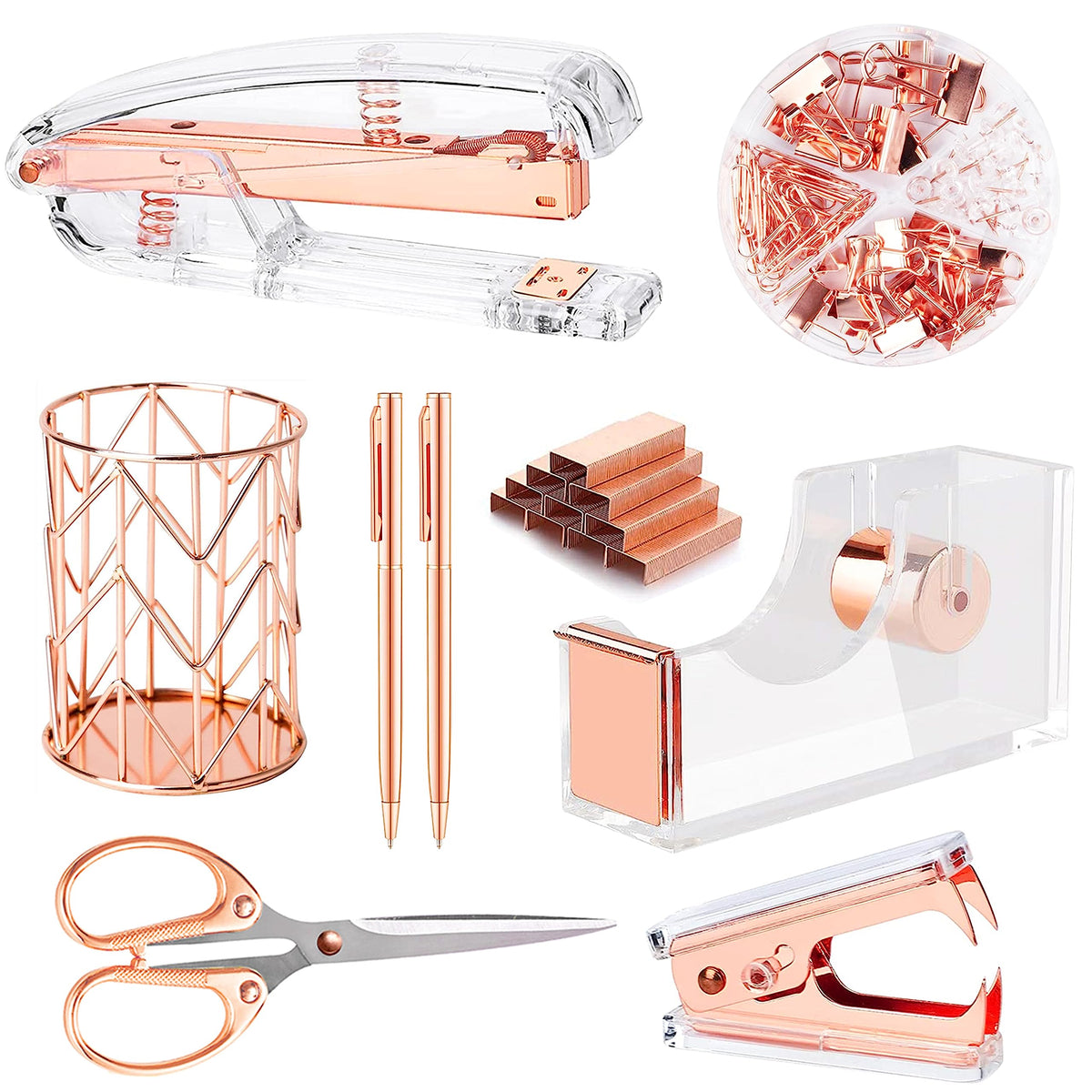 Famassi Rose Gold Desk Accessories,Office Supplies Set Acrylic Stapler Set Staple Remover, Tape Holder, 2 Ballpoint Pen, Scissor, Binder/Paper Clips and 1000pcs Staples.