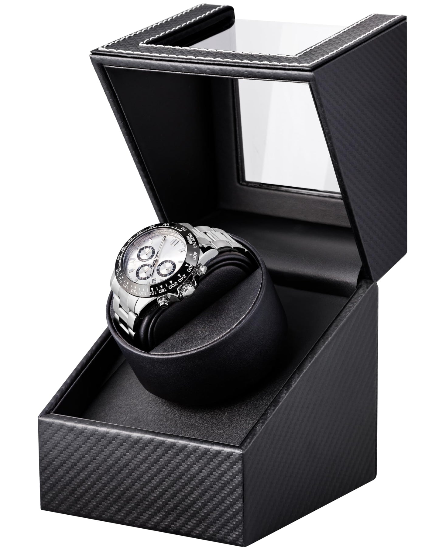 Watch Winder for Automatic Watches: Automatic Single Watch Winder Box with Japanese Quiet Motor, Rotating Watch Case in Black Carbon Fiber Leather, Gifts for Men & Collectors