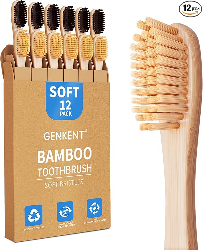 GENKENT Bamboo Toothbrushes 12 Pack Natural Toothbrushes BPA Free Soft Bristles Toothbrush Eco Friendly Charcoal Toothbrush for Travel