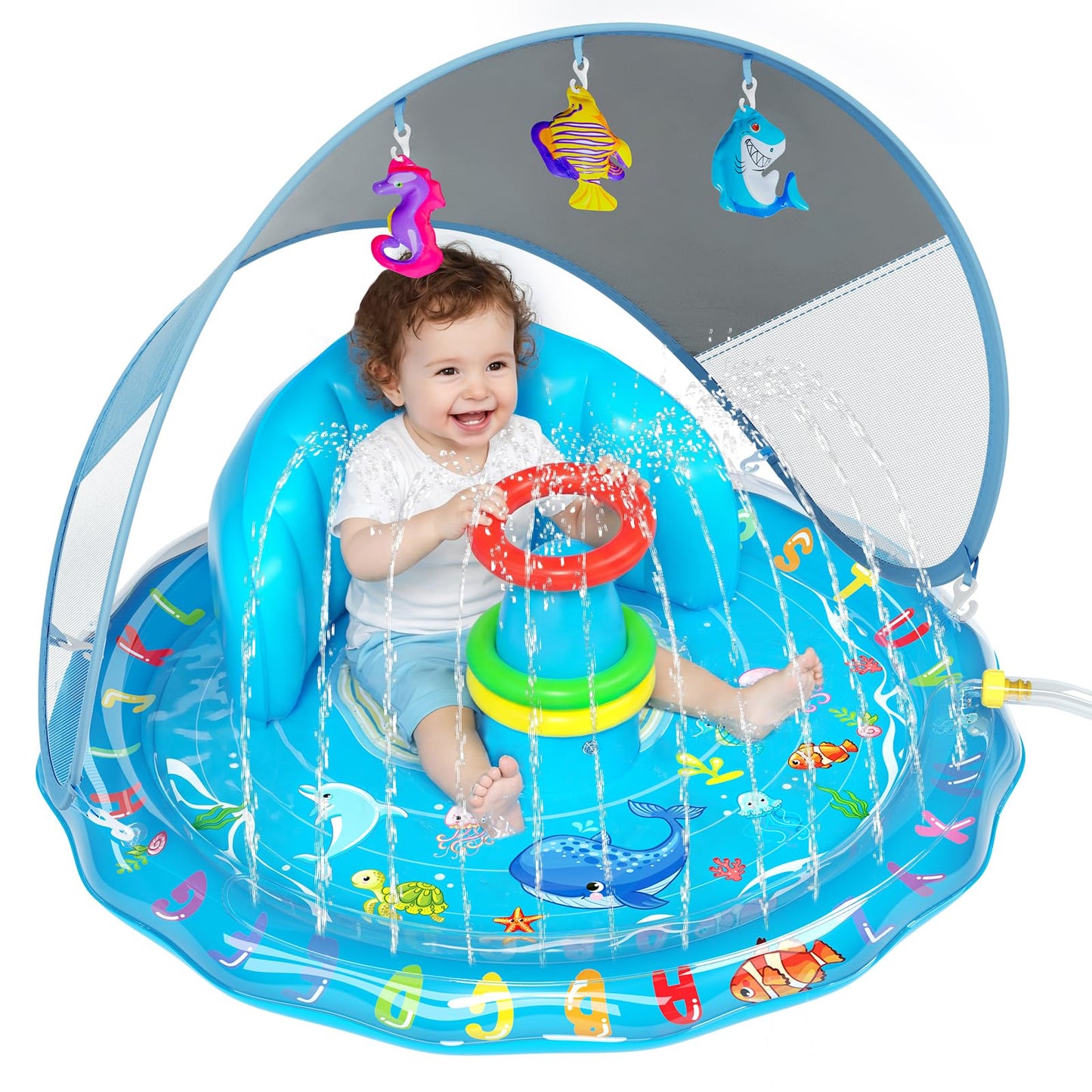 Baby Splash Pad, Inflatable Baby Pool Float with Canopy, Splash Pad with Stackable Rings & Hanging Toys for Toddlers, Baby Pool Sprinkler, Outdoor Water Play Toys for Boys Girls