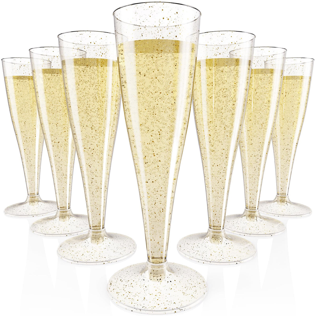 JOLLY CHEF 100 Pack Plastic Champagne Flutes Disposable 4.5 oz Gold Glitter Plastic Champagne Glasses for Wedding, Thanksgiving Day, Christmas