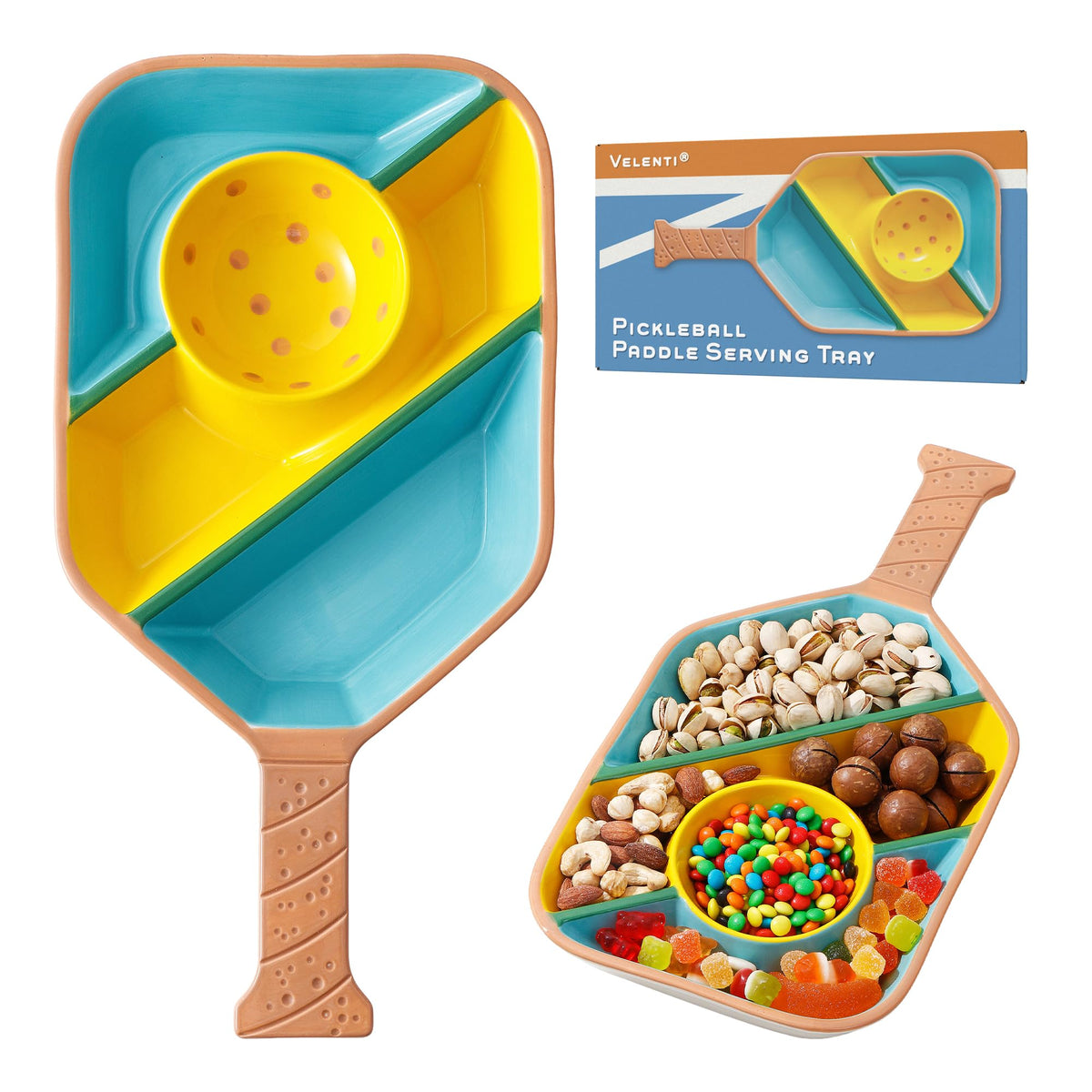 Pickleball Paddle Snack Tray - Cool Pickleballs Serving Tray for Snack - Paddle-Shaped Serving Tray with Compartments - Unique Divided Snack Trays for Pickleball Fans