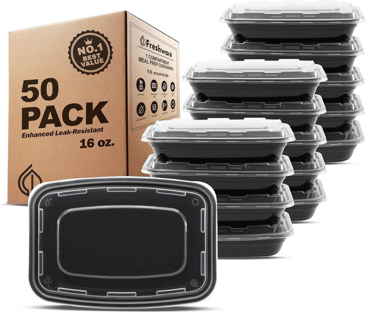 Freshware Meal Prep Containers 50 Pack 1 Compartment Food Storage Containers with Lids, Bento Box, BPA Free, Stackable