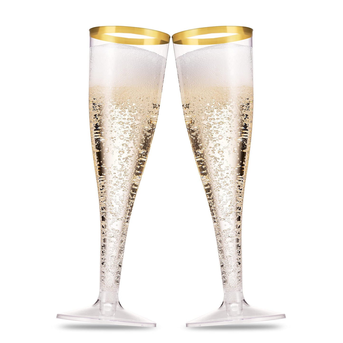 Munfix 100 Pack Gold Plastic Champagne Flutes, 5 Oz Clear Plastic Toasting Glasses Fancy Disposable Wedding Party Cocktail Cups with Gold Rim