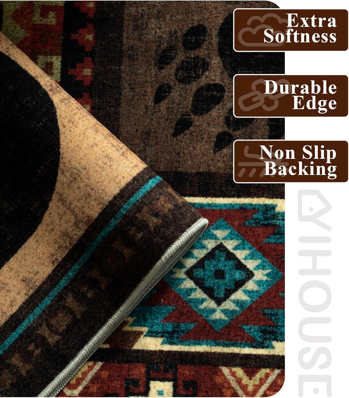 Hallway Runner Rug 2x6 Indoor Door Mat - Bear Rustic Cabin Non-Slip Entryway Rug, Low Pile Tribal Print for Kitchen, Bedroom
