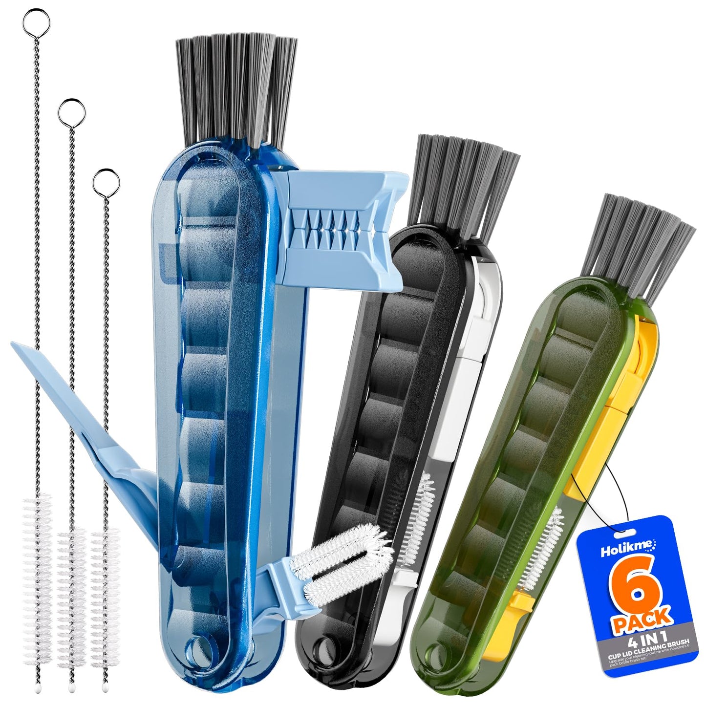 6 PACK Holikme 4 in 1 Cup Lid Cleaning Brush Set with 3 Straws, Multifunctional Bottle Brush, Silicone Cup Lid Gap Cleaner, Durable Bristle Crevice Cleaning Brush,Flat End Brushes,Navy & Black & Olive