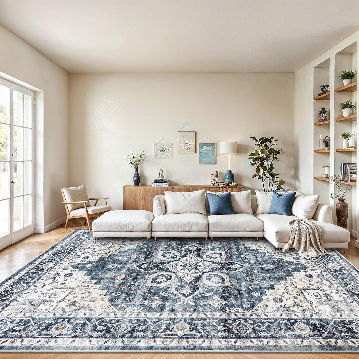 AMADA HOMEFURNISHING 8x10 Washable Area Rug, Low-Profile with Non-Slip Backing & Durable Edge Binding, Vintage Large Rugs for Living Room, Bedroom, Dining Room, Blue