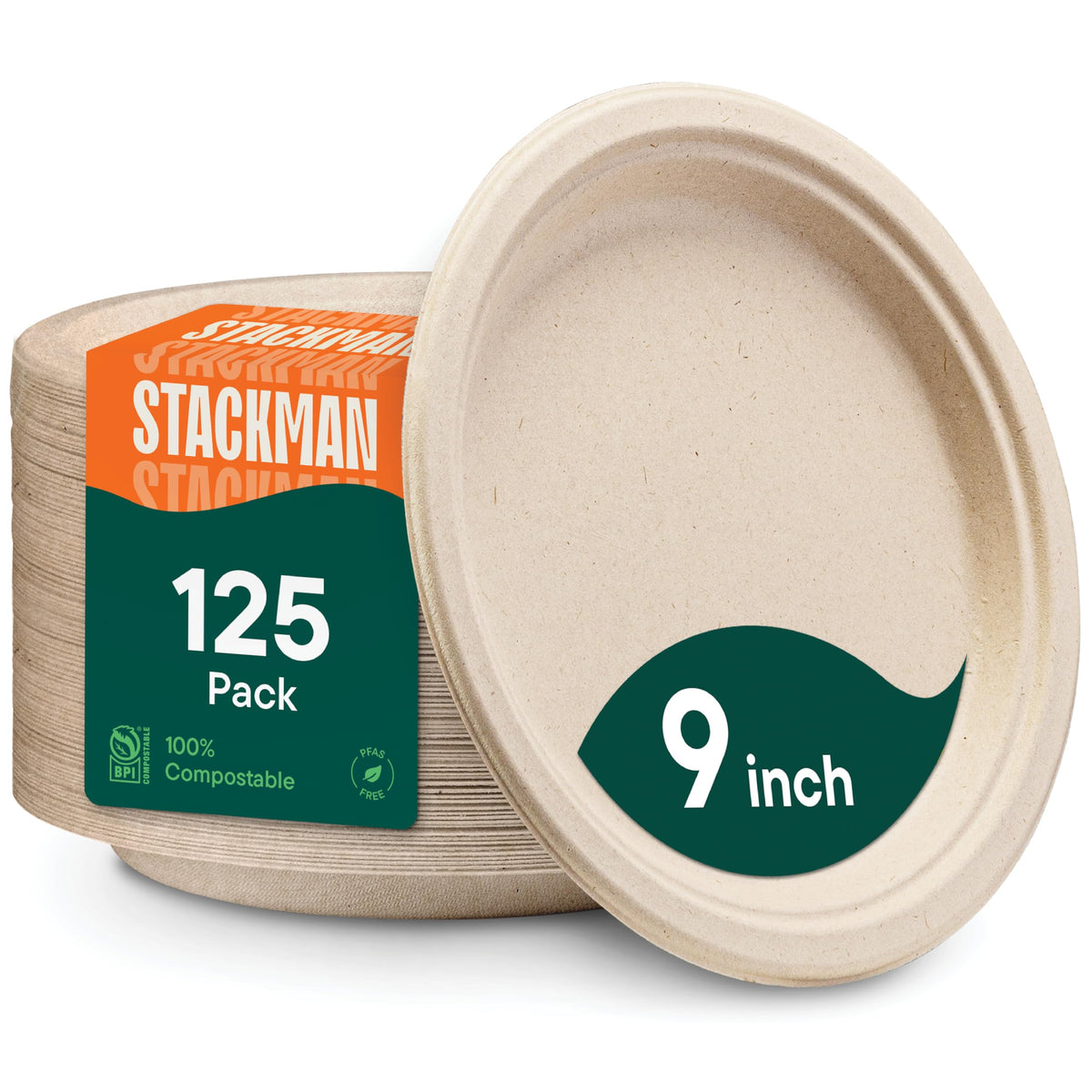 100% Compostable Paper Plates, Heavy Duty Disposable Plates 125-Pack 9 Inch Plates - Eco-Friendly, Biodegradable Sugarcane Bagasse - Unbleached Brown