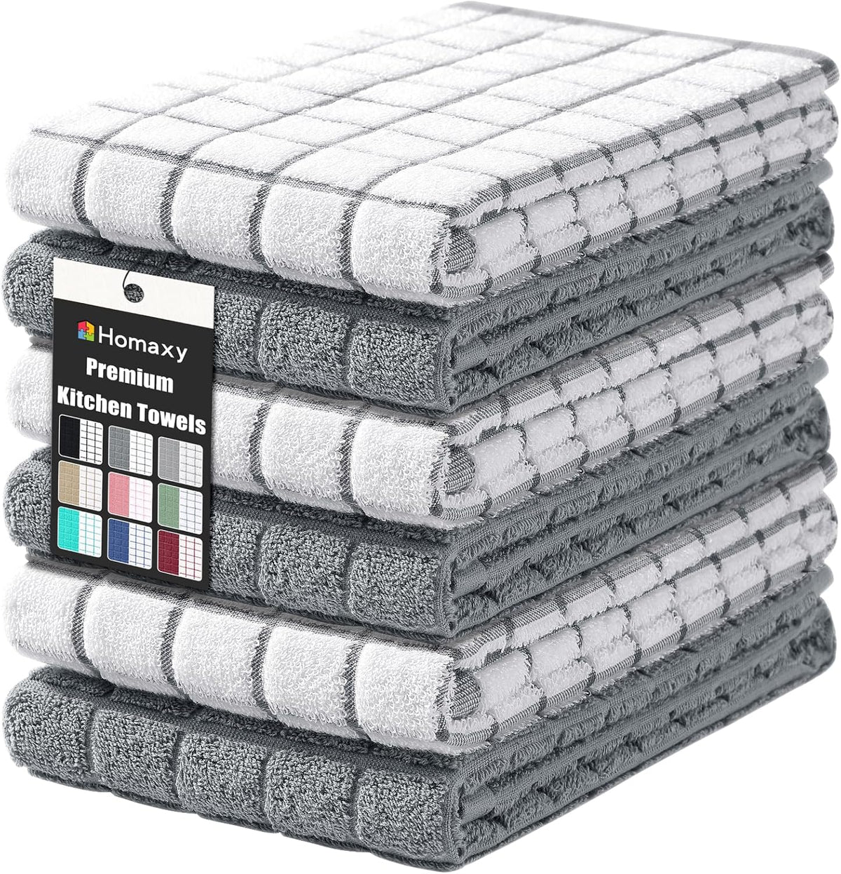 Homaxy Premium Cotton Kitchen Towels 16"x 28", Large Natural Ring Spun 390 GSM Dish Towels, Super Absorbent Terry Kitchen Hand Towels, Soft Tea Towels with Hanging Loop, Grey Check Design, 6 Pack