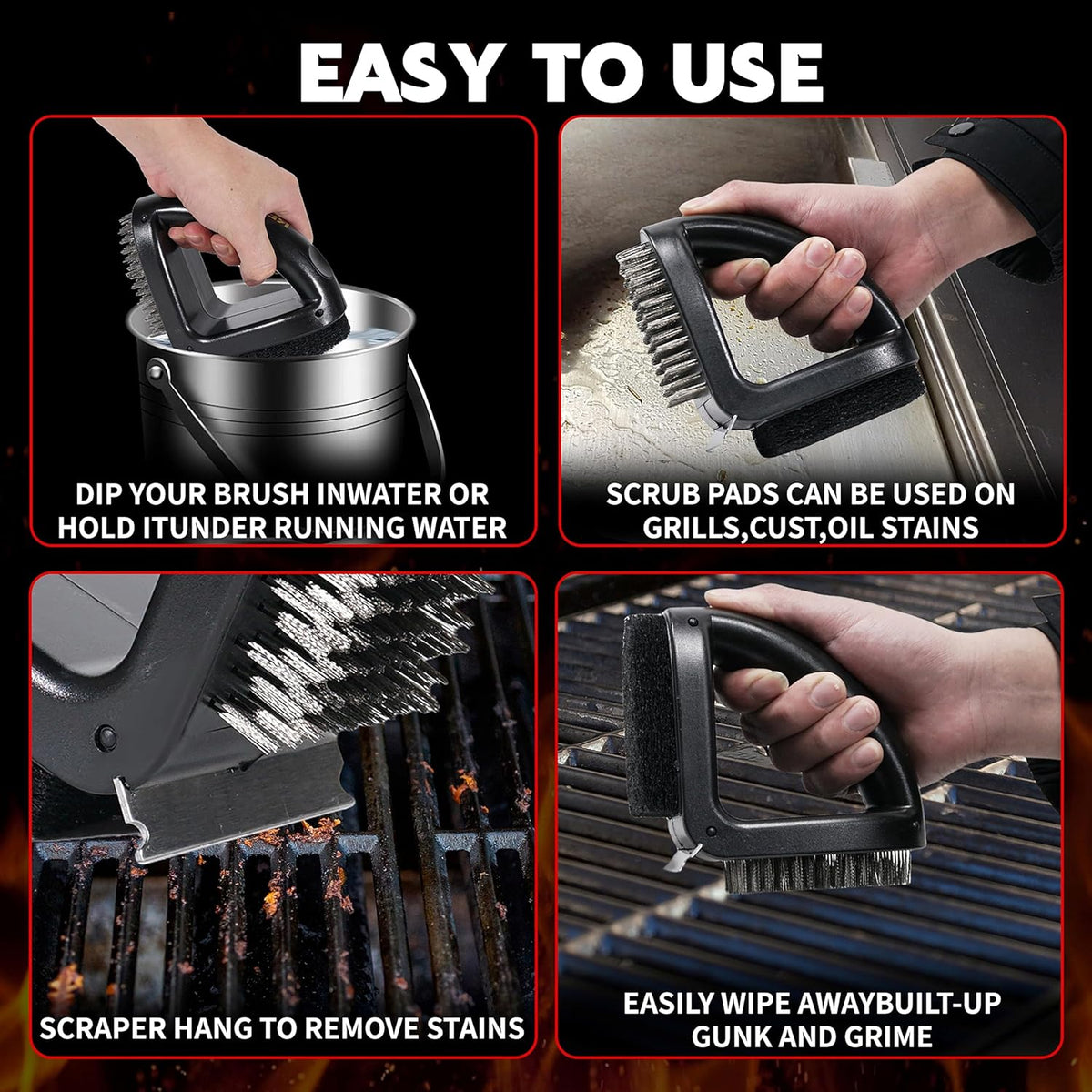 RELHP 4-in-1 Grill Brush Bristle-Free Sponge Pad & Wire Combined BBQ Brush, Ultra Safe & Heavy-Duty Grill Cleaner