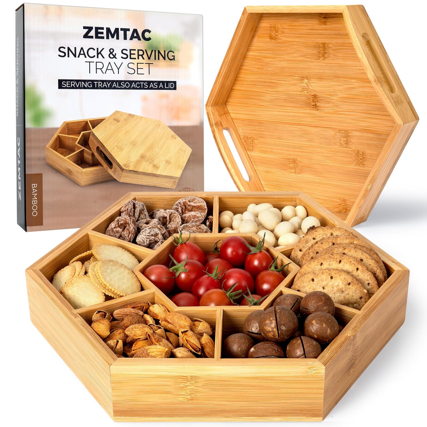Snack and Serving Tray Set β 13" Divided Bamboo Appetizer Platter for Dry Fruit, Nuts, Cheese and Charcuterie (Bamboo, 13"x11")