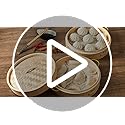 MacaRio Bamboo Steamer Basket Set 10 inch Steamer for Cooking, with Side Handles Chopsticks Ceramic Sauce Dishes Paper Liners, for Dim Sum Dumplings Buns Seafoods Rice Asian Foods