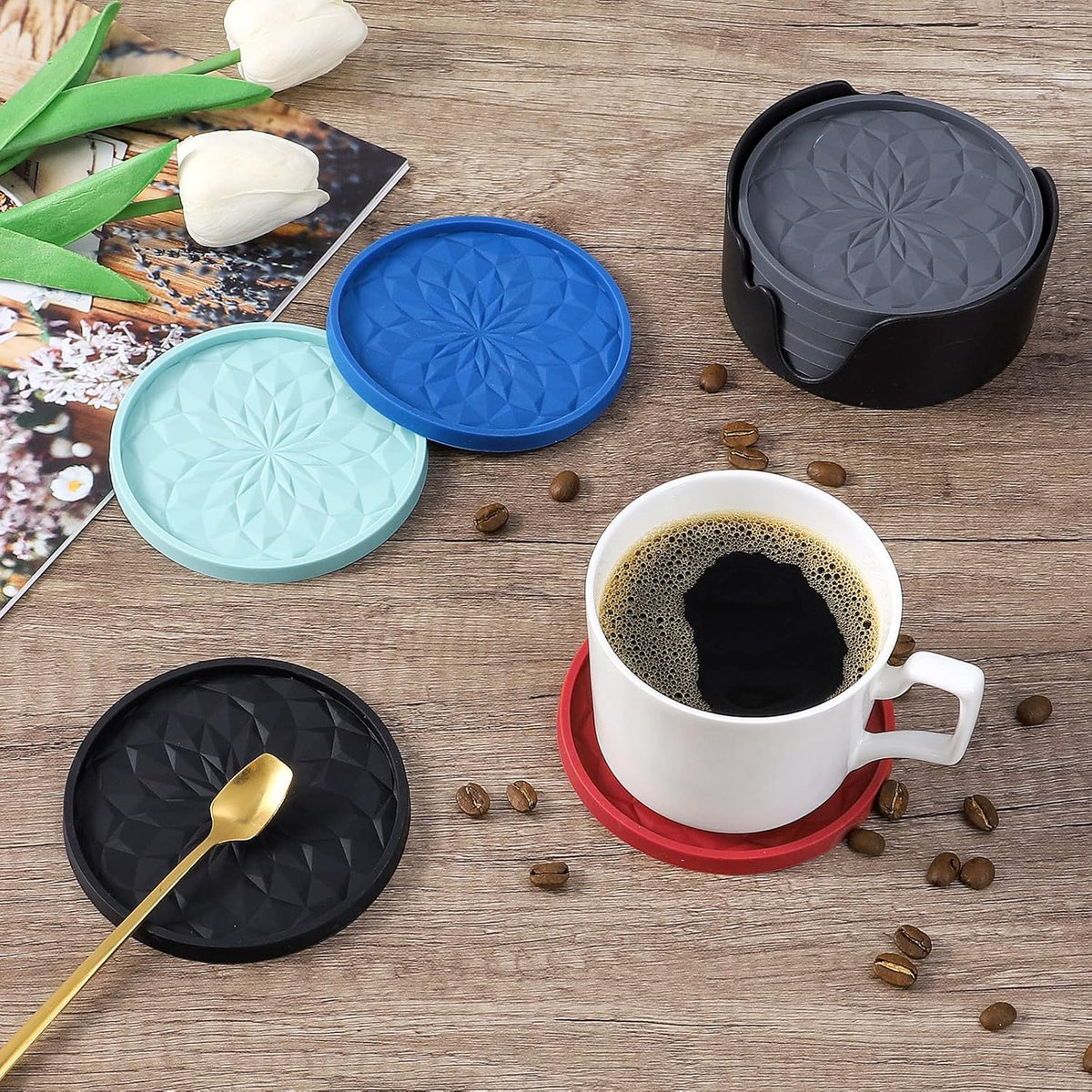 ME.FAN Silicone Coasters with Holder,6 Pack Drinking Coasters - Cup Mat for Hot or Cold Drinks, Thickened, Non-Slip, Non-Stick, Deep Tray Black