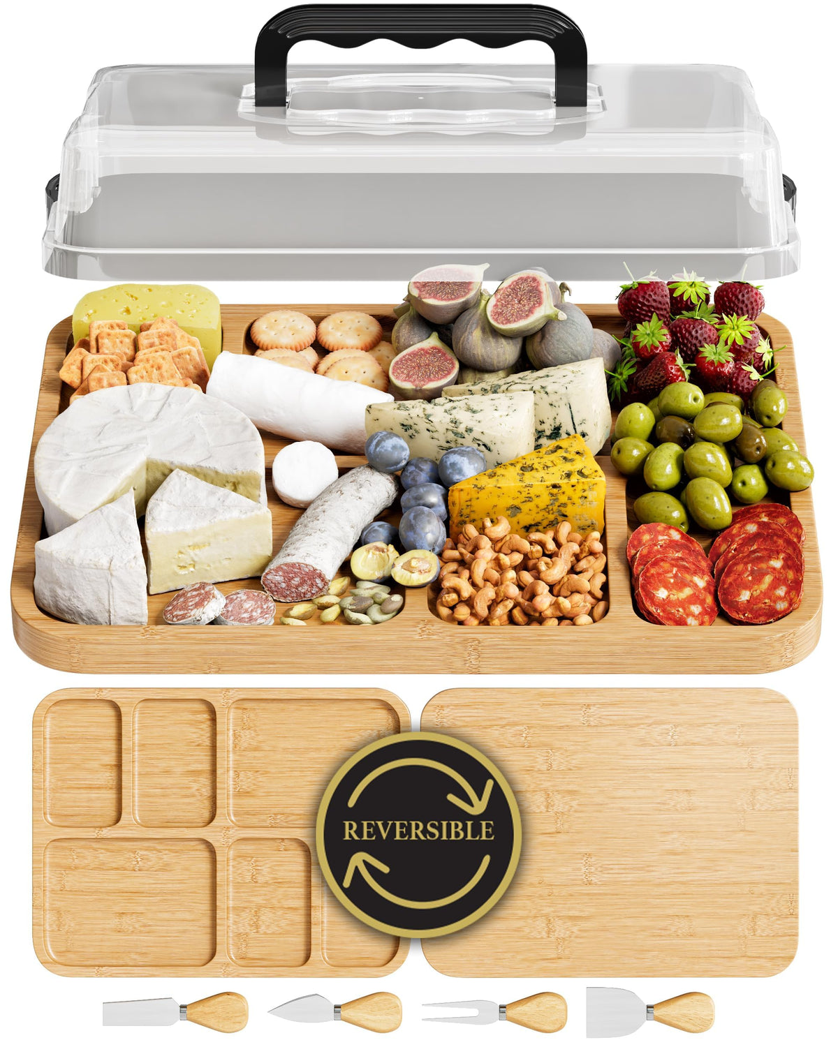 Charcuterie Board with Lid - Reversible, 2-in-1 Travel Portable Cheese Board for Picnics & Entertaining - Housewarming Gift Set Idea - Covered Snack Serving Tray - Large Food Platter