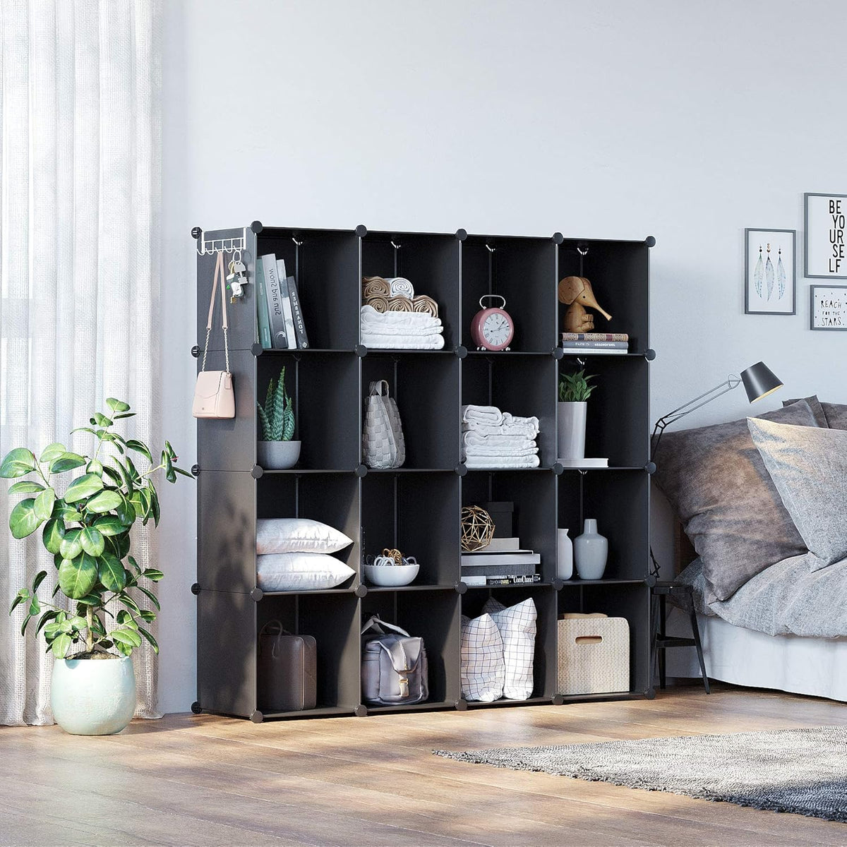 C&AHOME Cube Storage Organizer, 16-Cube Shelves Units, Plastic Storage Cubes, DIY Closet Organizer, Modular Closet Storage Shelves Ideal for Home, Bedroom, 48.4" L × 12.4" W × 48.4" H Black SUM3016H