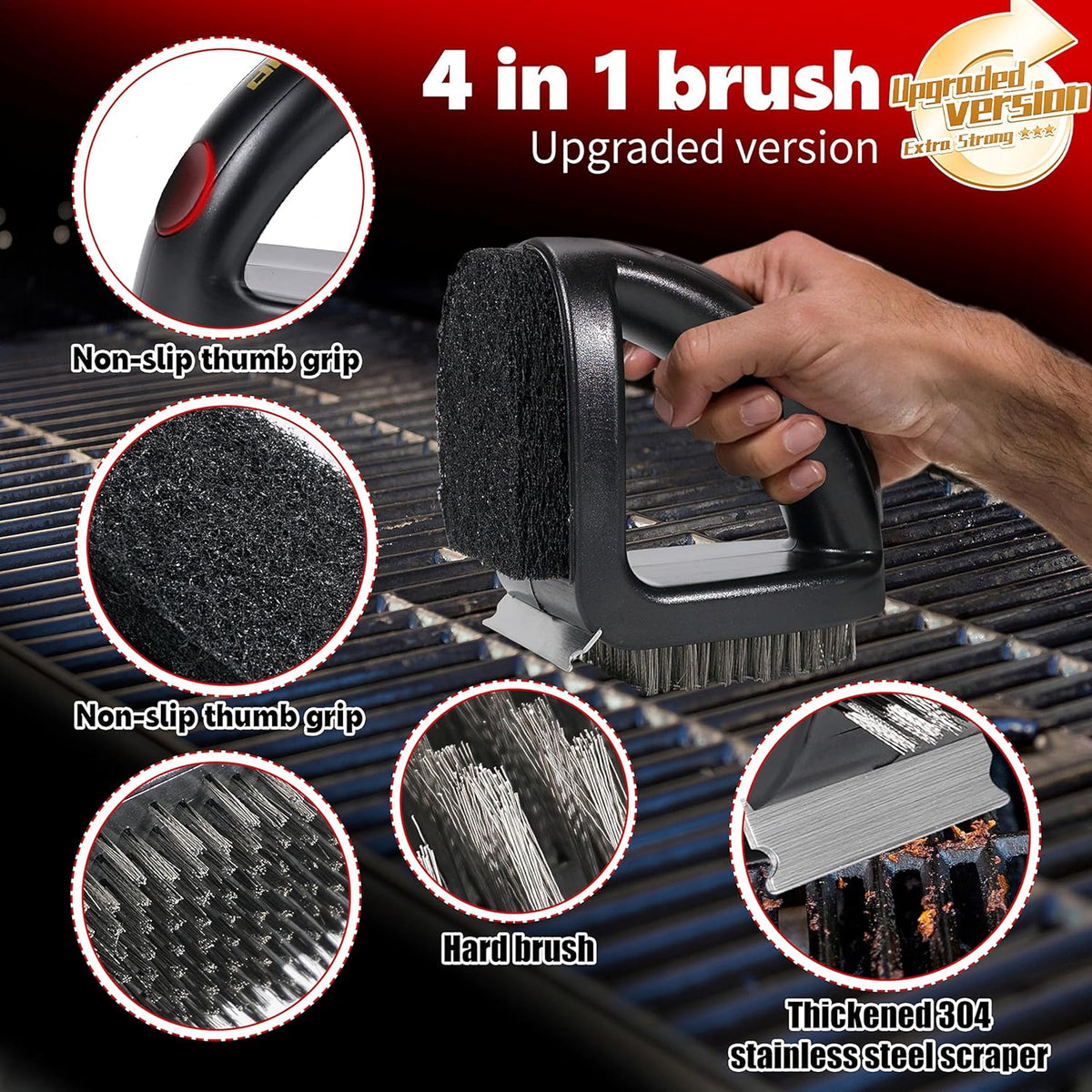 RELHP 4-in-1 Grill Brush Bristle-Free Sponge Pad & Wire Combined BBQ Brush, Ultra Safe & Heavy-Duty Grill Cleaner