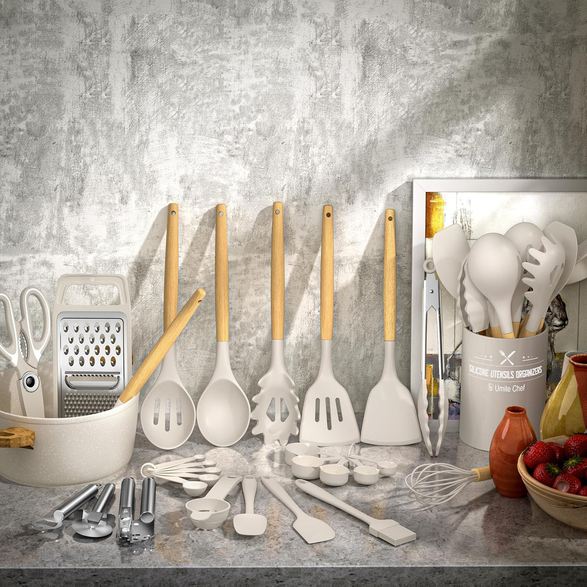 Cooking Utensils Set- Umite Chef Khaki Silicone Kitchen Utensils Set, 34PCS Heat Resistant Kitchen Gadgets Tools Set with Grater, Wooden Handle Kitchen Spatula Set for Nonstick Cookware