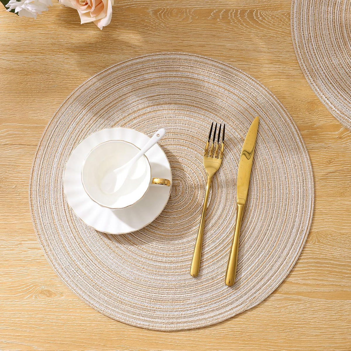 SHACOS 15 inch Round Braided Placemats Set of 6 Cotton Polyester Place Mats Non Slip Heat Resistant Washable Table Mats for Kitchen Dining Party Table Decor (Beige, 6)